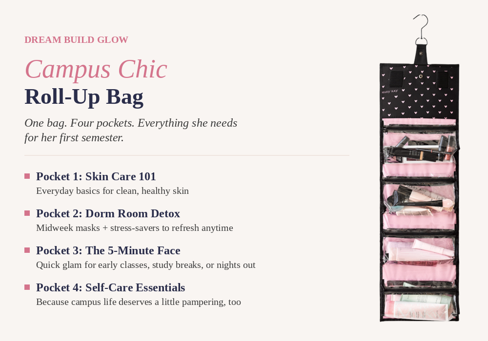 Campus chic roll-up bag with four pockets of college skincare essentials