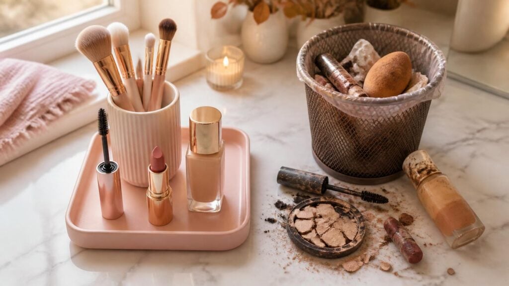 makeup expiration dates: open mascara, lipstick, and foundation sorted into keep and toss piles on a bathroom counter